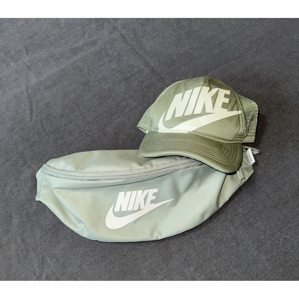 Nike Fanny Pack & Trucker Hat Set Green Sage Olive White Swoosh Unisex